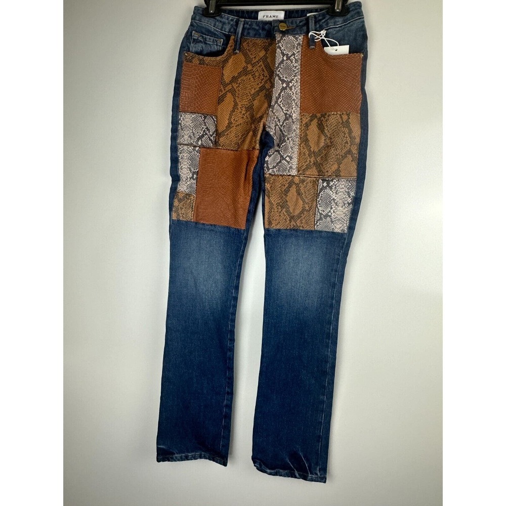 NWT FRAME Le Mini Boot Mid Rise Patchwork Snake Skin Print Jeans Women's Size 24 - Picture 2 of 15